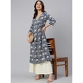 thumbnail image 1 of Janasya Indian Navy Blue Cotton Floral Print Flared 3\4 Sleeves V Neck Calf Length Kurta for Women, 1 of 7