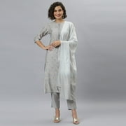 Janasya Indian Round Neck 3/4 Sleeve Bandhani Grey Poly Silk Kurta With Pant and Dupatta For Women