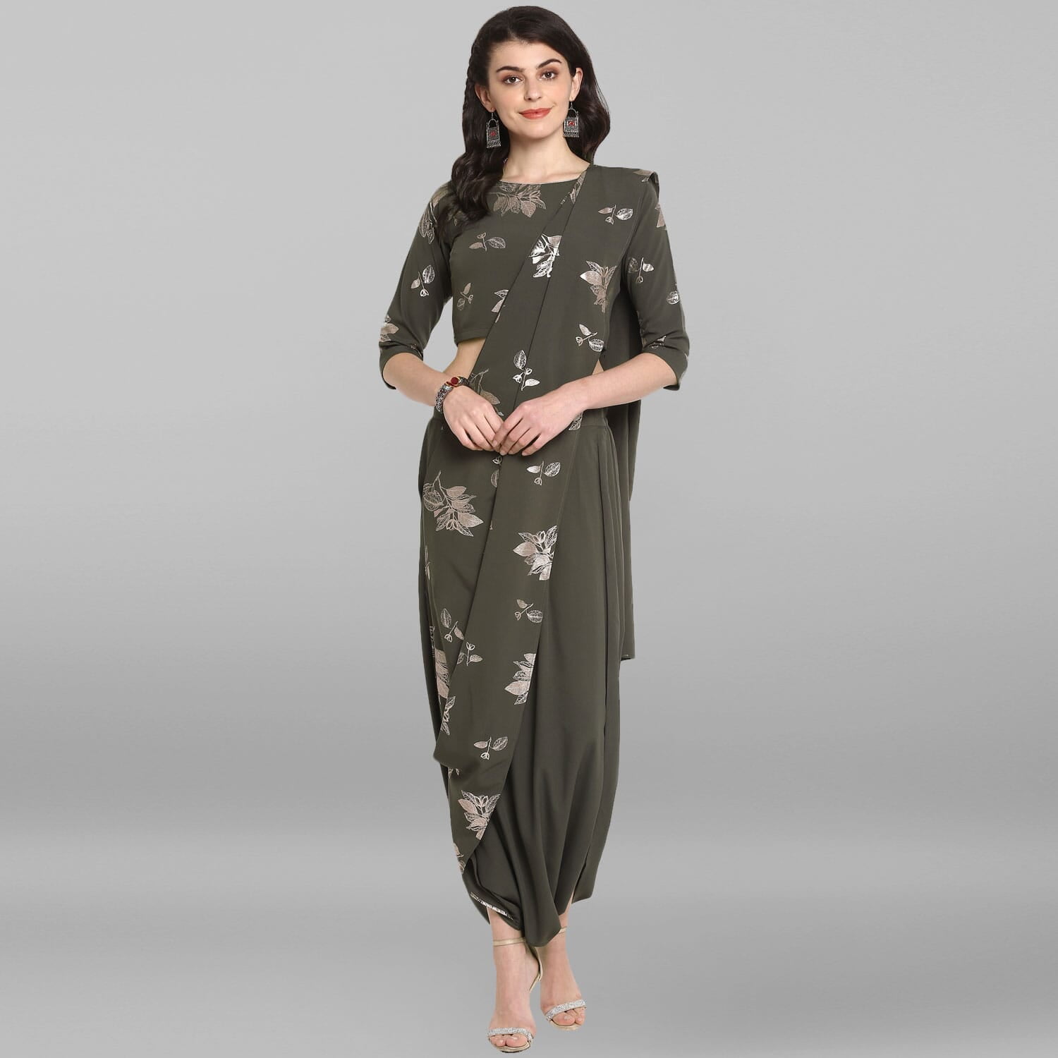 Janasya Indian Round Neck 3/4 Sleeve Botanical Print Olive Green Poly Crepe  Dhoti Style Saree With Blouse For Women - Walmart.com