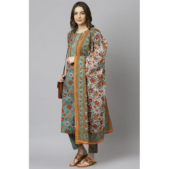 Janasya Indian Round Neck 3/4 Sleeve Embroidered Green Cotton Kurta With Pant And Dupatta For Women