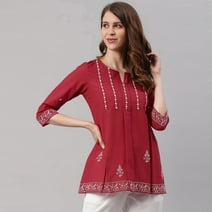 Janasya Indian Round Neck 3/4 Sleeve Embroidered Maroon Cotton Tunic For Women
