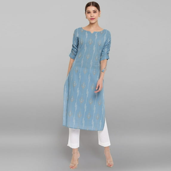 Janasya Indian Round Neck 3/4 Sleeve Ethnic Motifs Blue Cotton Kurta For Women