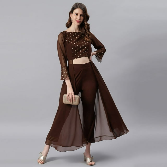 Janasya Indian Round Neck 3/4 Sleeve Ethnic Motifs Brown Georgette Top With Pant For Women