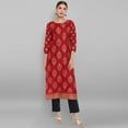 thumbnail image 1 of Janasya Indian Round Neck 3/4 Sleeve Ethnic Motifs Maroon Rayon Kurta For Women, 1 of 7