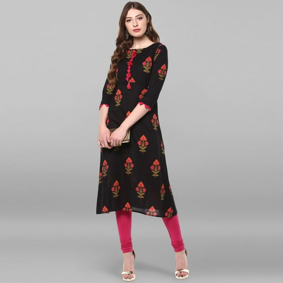 Janasya Indian Round Neck 3/4 Sleeve Floral Print Black Cotton Kurta For Women