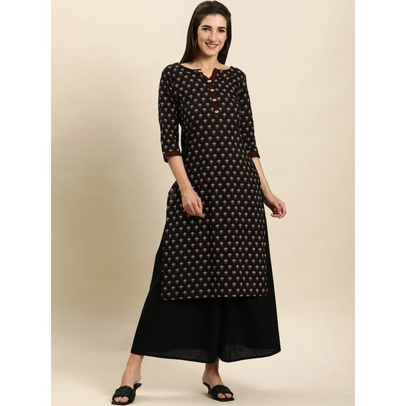 Janasya Indian Round Neck 3/4 Sleeve Floral Print Black Cotton Kurta For Women