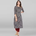 thumbnail image 1 of Janasya Indian Round Neck 3/4 Sleeve Floral Print Blue Cotton Kurta With Pant For Women, 1 of 10