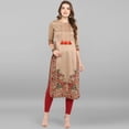 thumbnail image 1 of Janasya Indian Round Neck 3/4 Sleeve Floral Print Light Brown Poly Silk Kurta For Women, 1 of 8