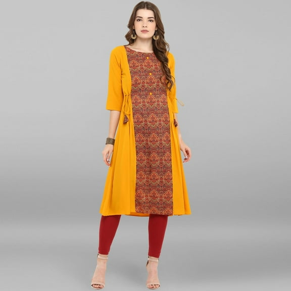 Janasya Indian Round Neck 3/4 Sleeve Floral Print Mustard Poly Crepe Kurta For Women