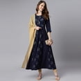 thumbnail image 1 of Janasya Indian Round Neck 3/4 Sleeve Floral Print Navy Blue Poly Crepe Kurta With Dupatta For Women, 1 of 8