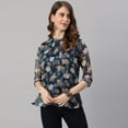 thumbnail image 1 of Janasya Indian Round Neck 3/4 Sleeve Floral Print Navy Blue Poly Georgette Top For Women, 1 of 7