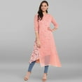 thumbnail image 1 of Janasya Indian Round Neck 3/4 Sleeve Floral Print Pink Poly Crepe Layered Kurta For Women, 1 of 8