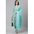 thumbnail image 1 of Janasya Indian Round Neck 3/4 Sleeve Floral Print Sea Green Cotton Kurta With Pant And Dupatta For Women, 1 of 7