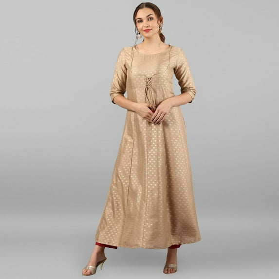 Janasya Indian Round Neck 3/4 Sleeve Foil Print Beige Poly Silk Kurta For Women
