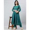 thumbnail image 1 of Janasya Indian Round Neck 3/4 Sleeve Foil Print Teal Green Poly Crepe Kurta With Pant For Women, 1 of 6