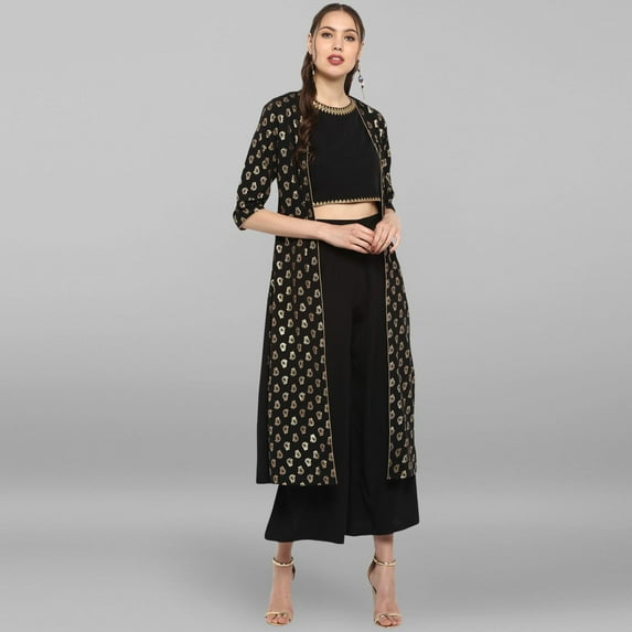 Janasya Indian Round Neck 3/4 Sleeve Gold Print Black Poly Crepe Top With Palazzo And Jacket For Women