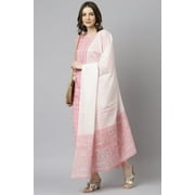 Janasya Indian Round Neck 3/4 Sleeve Gold Print Light Pink Cotton Kurta with Pant and Dupatta For Women