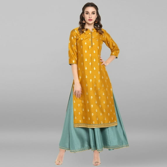 Janasya Indian Round Neck 3/4 Sleeve Gold Print Mustard Poly Silk Ethnic Dress For Women