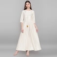 thumbnail image 1 of Janasya Indian Round Neck 3/4 Sleeve Gold Print Off White Poly Silk Kurta For Women, 1 of 7