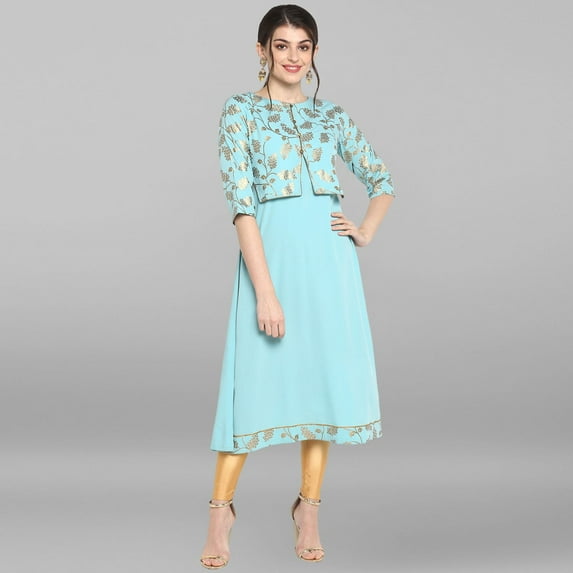 Janasya Indian Round Neck 3/4 Sleeve Gold Print Turquoise Poly Crepe Kurta For Women