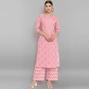 Janasya Indian Round Neck 3/4 Sleeve Paisley Pink Cotton Kurta With Palazzo For Women