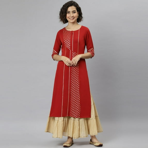 Janasya Indian Round Neck 3/4 Sleeve Polka Print Maroon Poly Crepe Kurta For Women