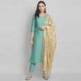 thumbnail image 1 of Janasya Indian Round Neck 3/4 Sleeve Solid Green Poly Silk Kurta With Pant and Dupatta For Women, 1 of 9