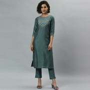 Janasya Indian Round Neck 3/4 Sleeve Solid Grey Poly Silk Kurta With Pant For Women