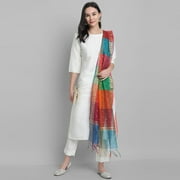 Janasya Indian Round Neck 3/4 Sleeve Solid Off-White Poly Silk Kurta With Pant And Dupatta For Women