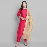 Janasya Indian Round Neck 3/4 Sleeve Solid Pink Poly Silk Kurta With Pant and Dupatta For Women