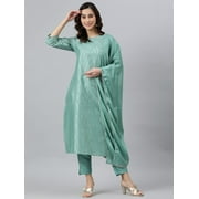 Janasya Indian Round Neck 3/4 Sleeve Striped Green Poly Silk Kurta With Pant And Dupatta For Women