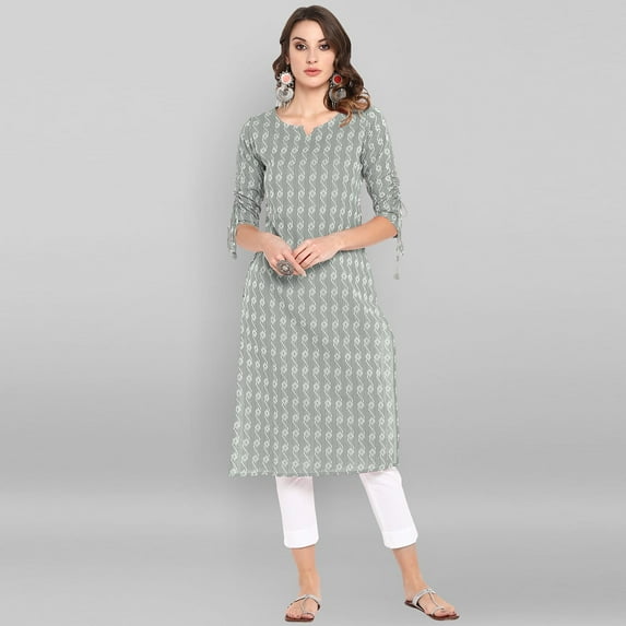 Janasya Indian Round Neck 3/4 Sleeve Woven Design Grey Cotton Kurta For Women