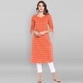 thumbnail image 1 of Janasya Indian Round Neck 3/4 Sleeve Woven Design Orange Cotton Kurta For Women, 1 of 7