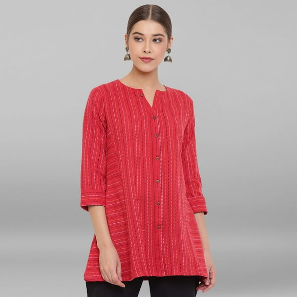Janasya Indian Round Neck 3/4 Sleeve Woven Design Red Cotton Top For Women