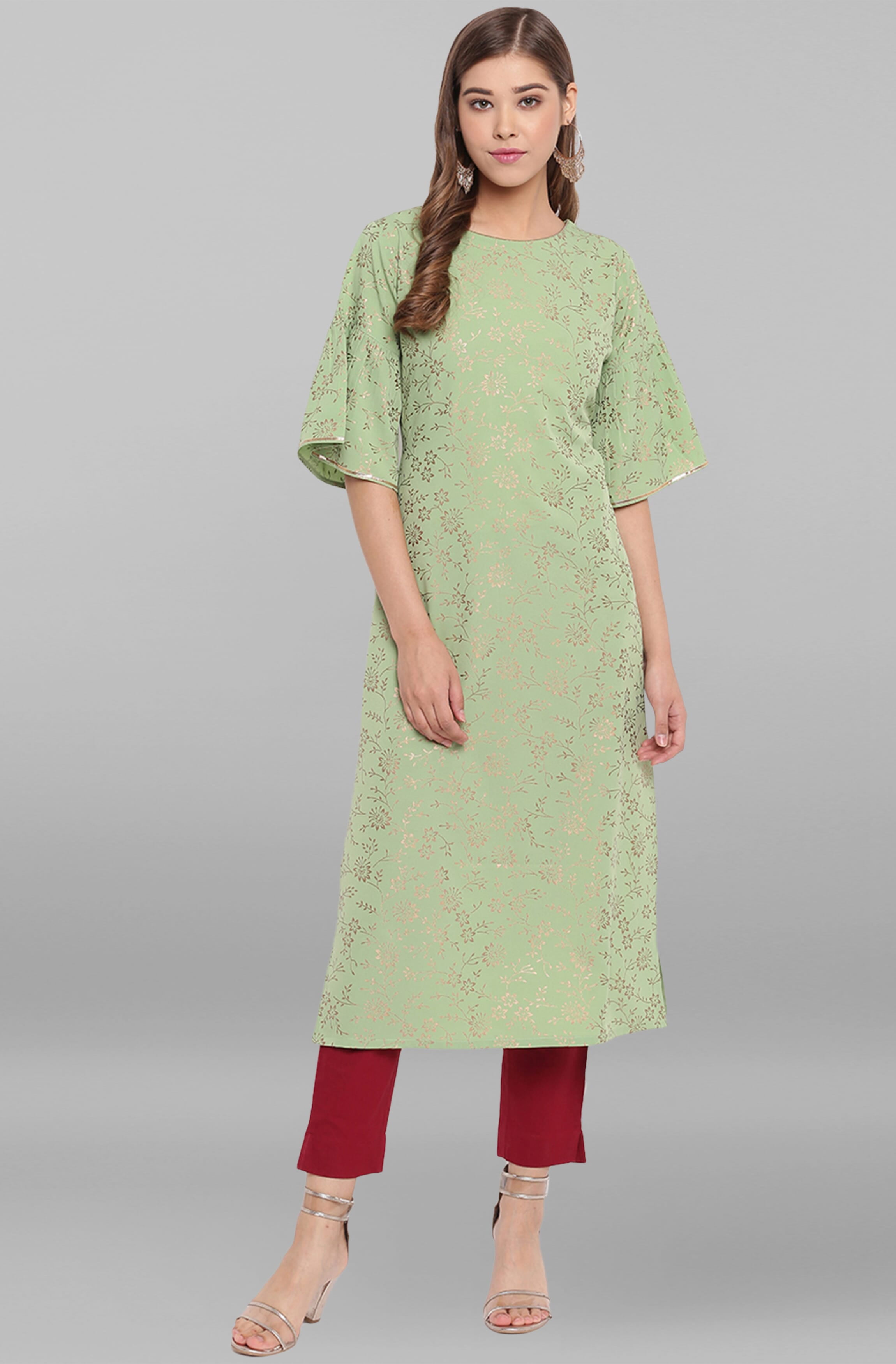 Janasya Women's Light Green Cotton Kurta Set - Ethnic Motif Sleeveless Kurta With Yellow Palazzo Pants