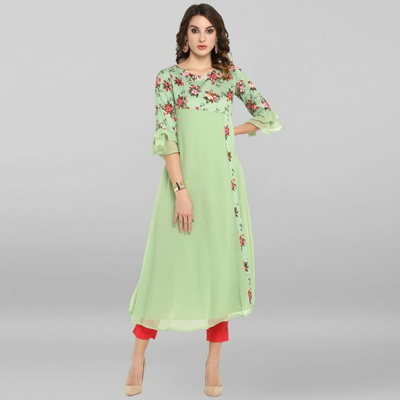 Janasya Indian Round Neck Bell Sleeve Floral Print Light Green Poly Crepe Kurta For Women