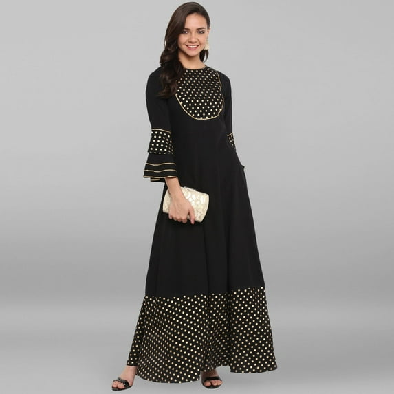 Janasya Indian Round Neck Bell Sleeve Gold Print Black Poly Crepe Kurta For Women