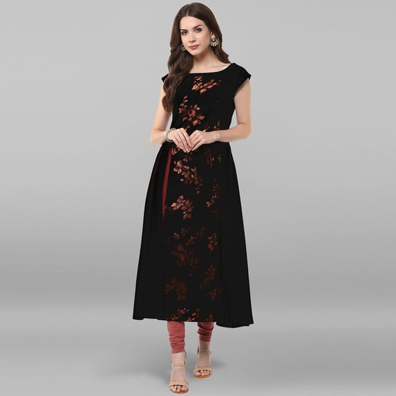 Janasya Indian Round Neck Cap Sleeve Gold Print Black Poly Crepe Kurta For Women