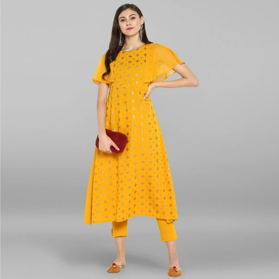 Janasya Indian Round Neck Cape Sleeve Gold Print Mustard Poly Crepe Kurta With Pant For Women