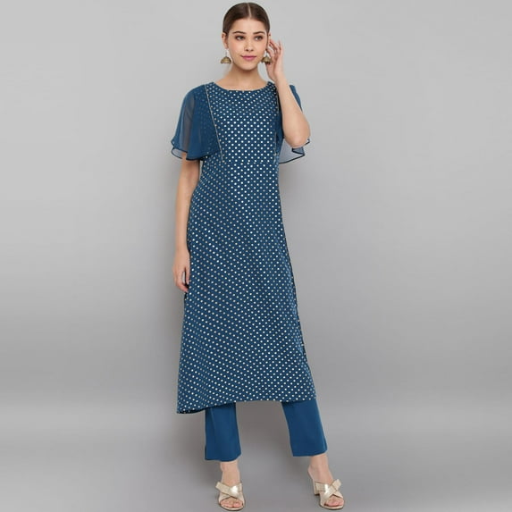 Janasya Indian Round Neck Cape Sleeve Polka Print Teal Poly Crepe Kurta With Pant For Women