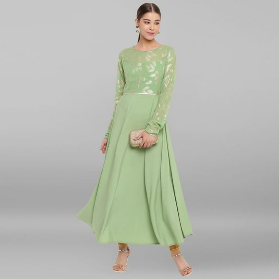 Janasya Indian Round Neck Full Sleeve Botanical Print Light Green Poly Crepe Kurta For Women