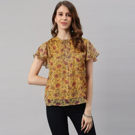 Janasya Indian Round Neck Half Sleeve Floral Print Mustard Poly Georgette Top For Women
