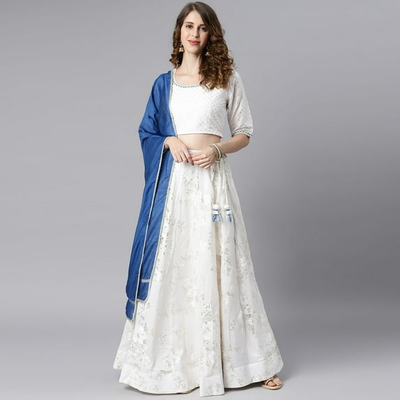 Janasya Indian Round Neck Half Sleeve Floral Print White Poly Silk Lehenga Choli With Dupatta For Women