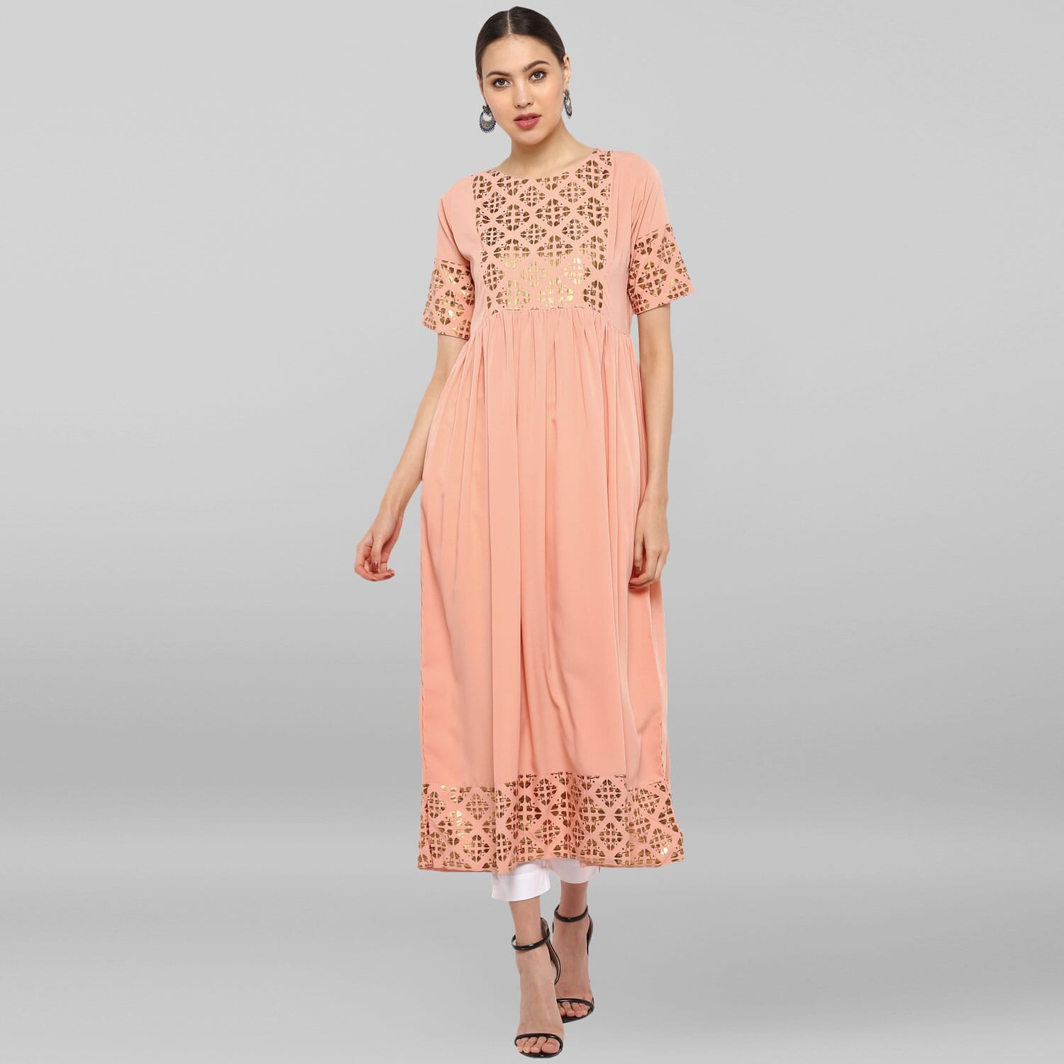 green emerald velvet dress Peach Banarasi Georgette Dress with Dupatta main image 0