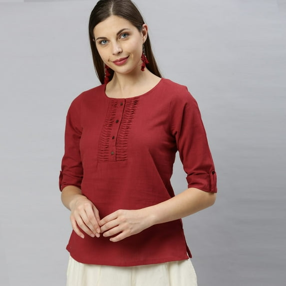 Janasya Indian Round Neck Half Sleeve Solid Maroon Cotton Slub Top For Women
