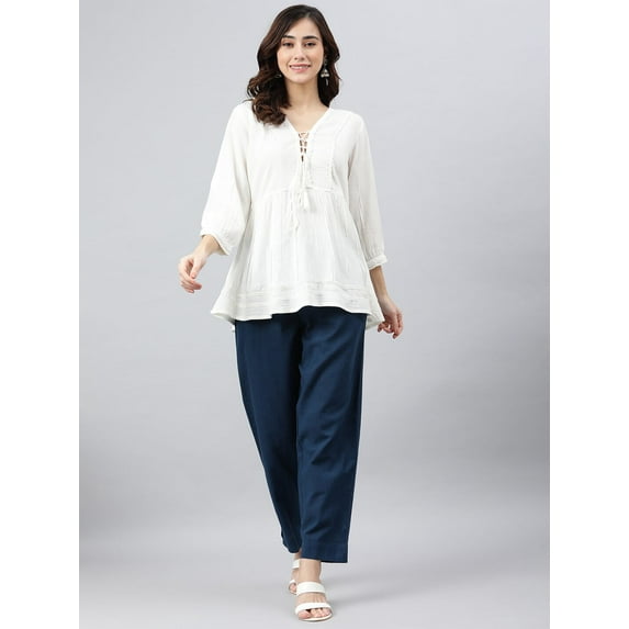 Janasya Indian V-Neck 3/4 Puff Sleeve Solid White Rayon Top For Women