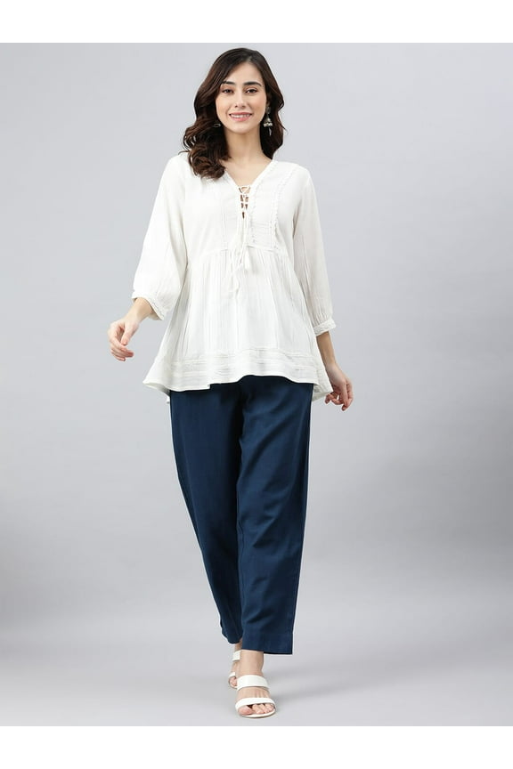 Indian V-Neck 3/4 Puff Sleeve Solid White Rayon Top For Women