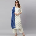 thumbnail image 1 of Janasya Indian V-Neck 3/4 Sleeve Ethnic Motifs Off- White Poly Silk Kurta With Palazzo and Dupatta For Women, 1 of 9