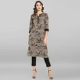 thumbnail image 1 of Janasya Indian V-Neck 3/4 Sleeve Floral Print Grey Cotton Kurta For Women, 1 of 8