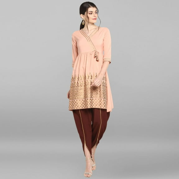 Janasya Indian V-Neck 3/4 Sleeve Geometric Print Peach Poly Crepe Kurta With Dhoti Pant For Women